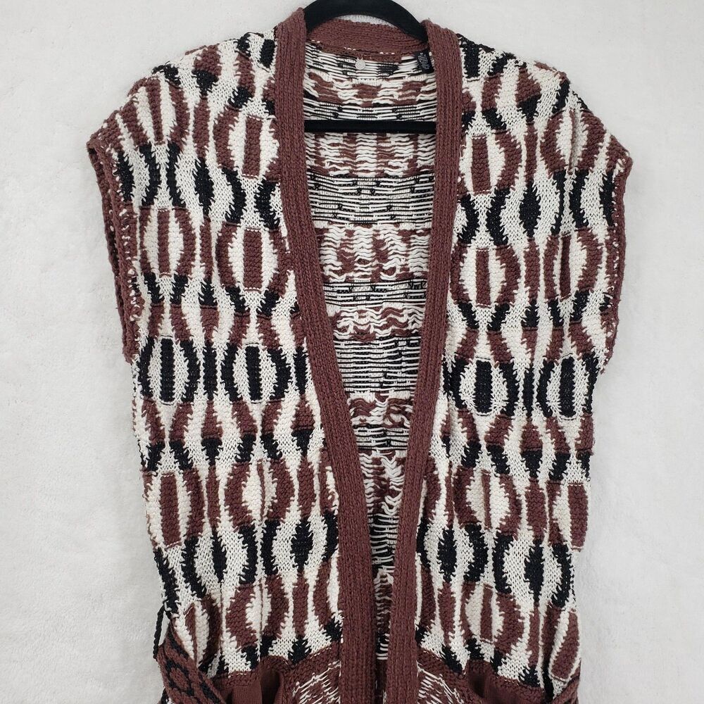 Knitted & Knotted Sweater Vest Women Medium Geometric Belted Pockets Bohemian - Picture 4 of 10
